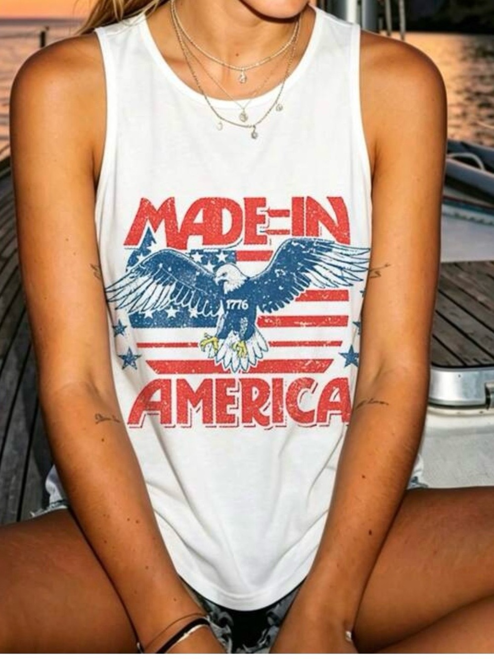 SHEIN M White Tank Top with Red & Blue 'Made in America' Eagle Graphic